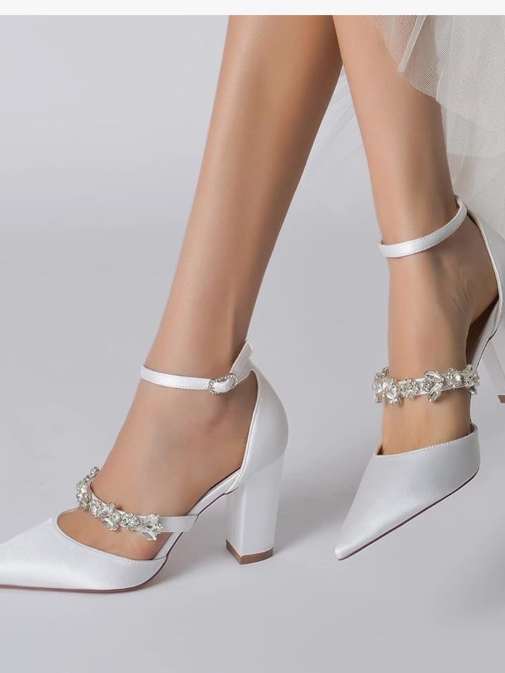 Elegant White Ankle-Strap Block Heel Pumps with Crystal Accent